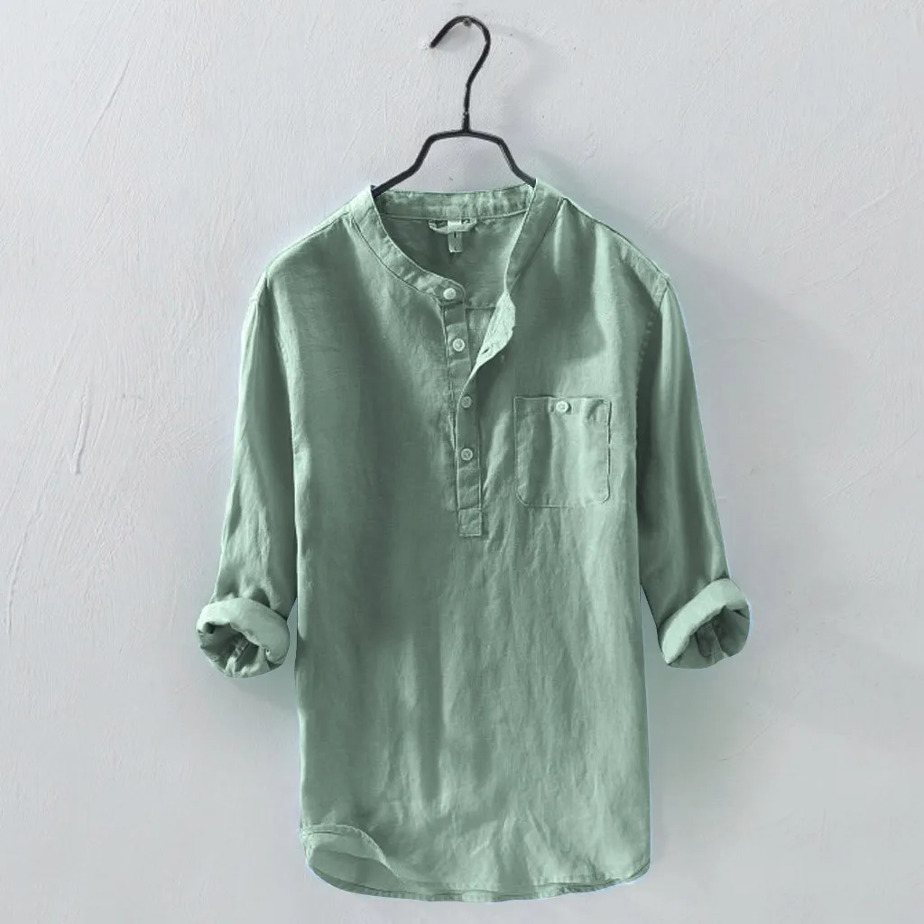 Мужские рубашки, Летняя Повседневная рубашка с длинным рукавом, топы на пуговицах из хлопка и льна, одноцветная свободная пляжная блуза, мужская рубашка chemise homme