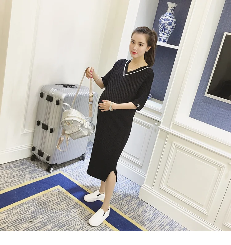 2018 Summer Short sleeve Side Splits White Maternity Dress Elegant Maternity Clothes for Pregnant Women Black Pregnancy Clothing (14)