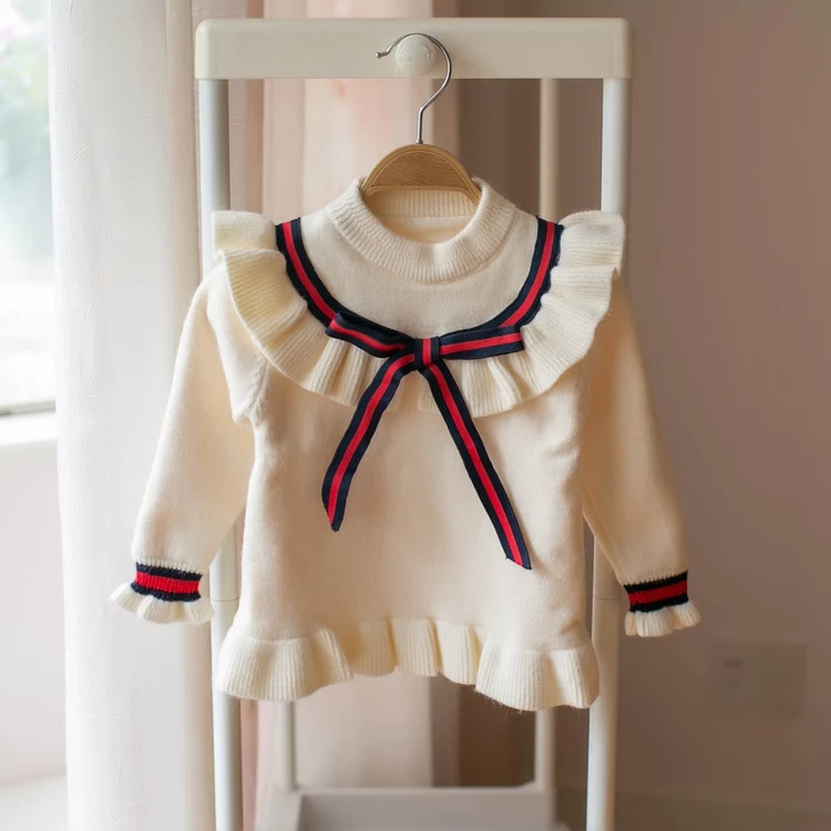 

2019 Winter children's sweater Girls plus velvet thickening college wind bow pullover top baby kids warm sweater