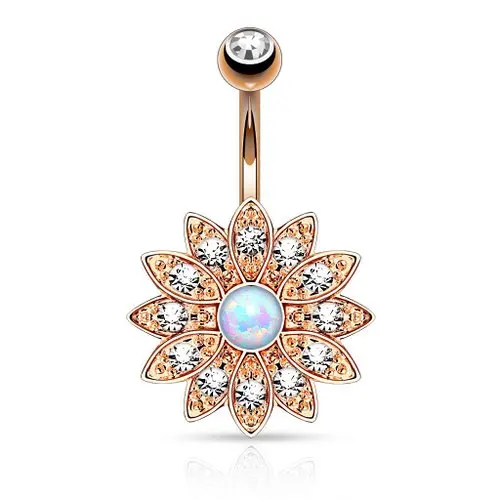 

Flower with Synthetic Opal Center Belly Button Navel gold silver Rose Gold Stainless Steel Ring body jewelry piercing