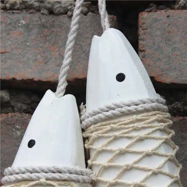 2pcs Mediterranean Hand Carved Wood Marine Fish Rope Craft Hanging Decor Bedroom Wall Artwork Decor 