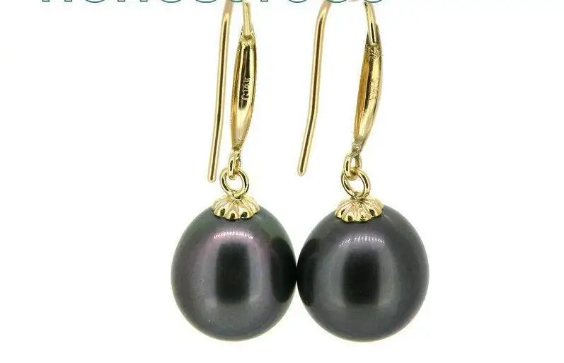 

Free Shipping >>>>10*12mm AAA+++ drop peacock black south sea pearl dangle earring 14k yellow gold