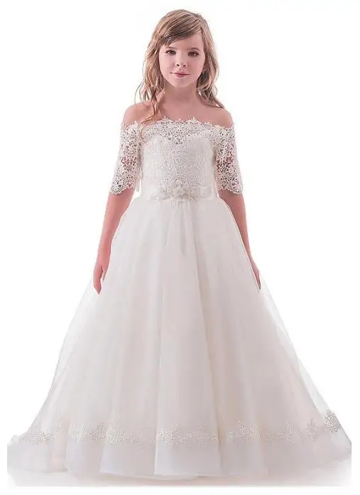 

Sweet Tulle Lace Off-the-shoulder Neckline Ball Gown Flower Girl Dresses With Lace Appliques Beaded Belt Girls Dresses Any Size