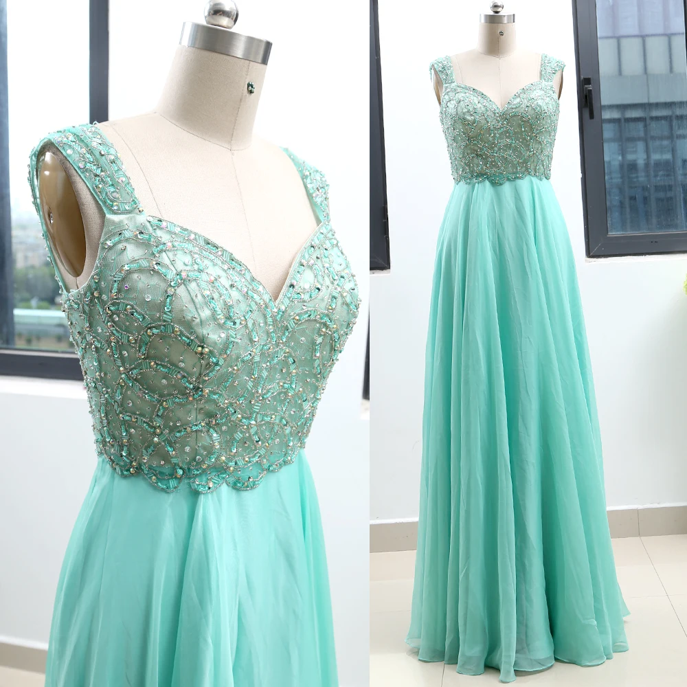 

Turquoise A-Line V Neck Floor-Length Crystal Chiffon Prom Party Formal Evening Dress M 263414