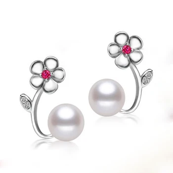 

PEISENI 100% natural freshwater pearl stud earrings 925 sterling silver earrings jewelry flower 8-9mm high quality