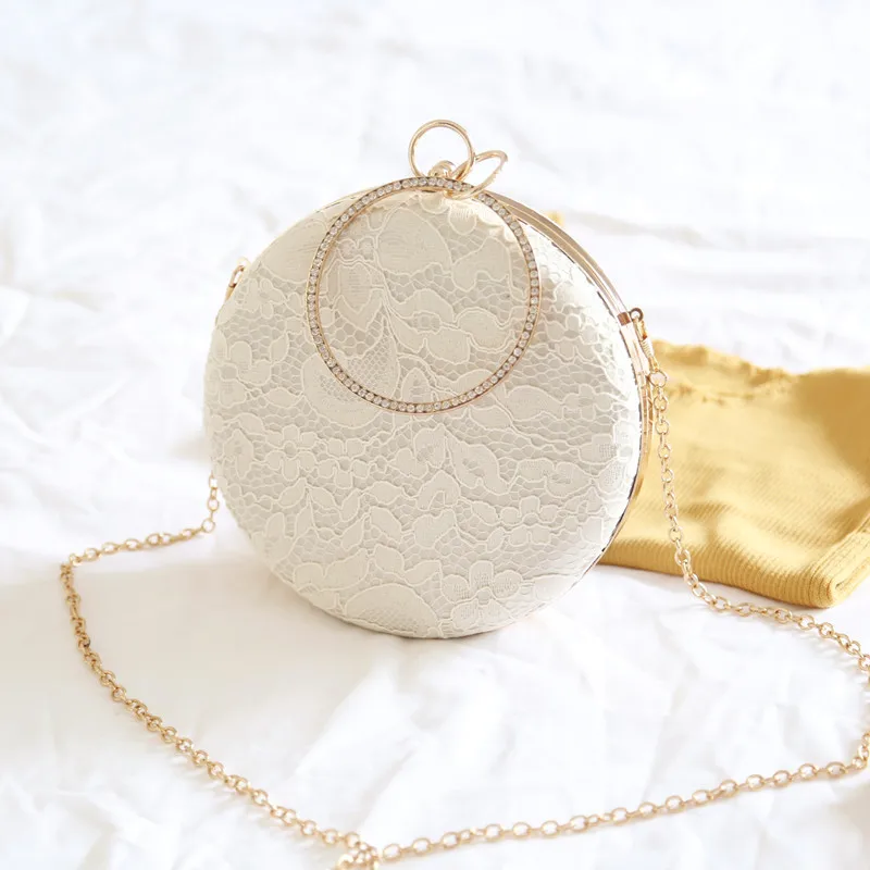 Элегантная женская сумка-клатч с кружевным цветком для свадебной вечеринки, подарок на день рождения, ручная сумка, Белый Розовый Круглый вечерний мешок для женщин