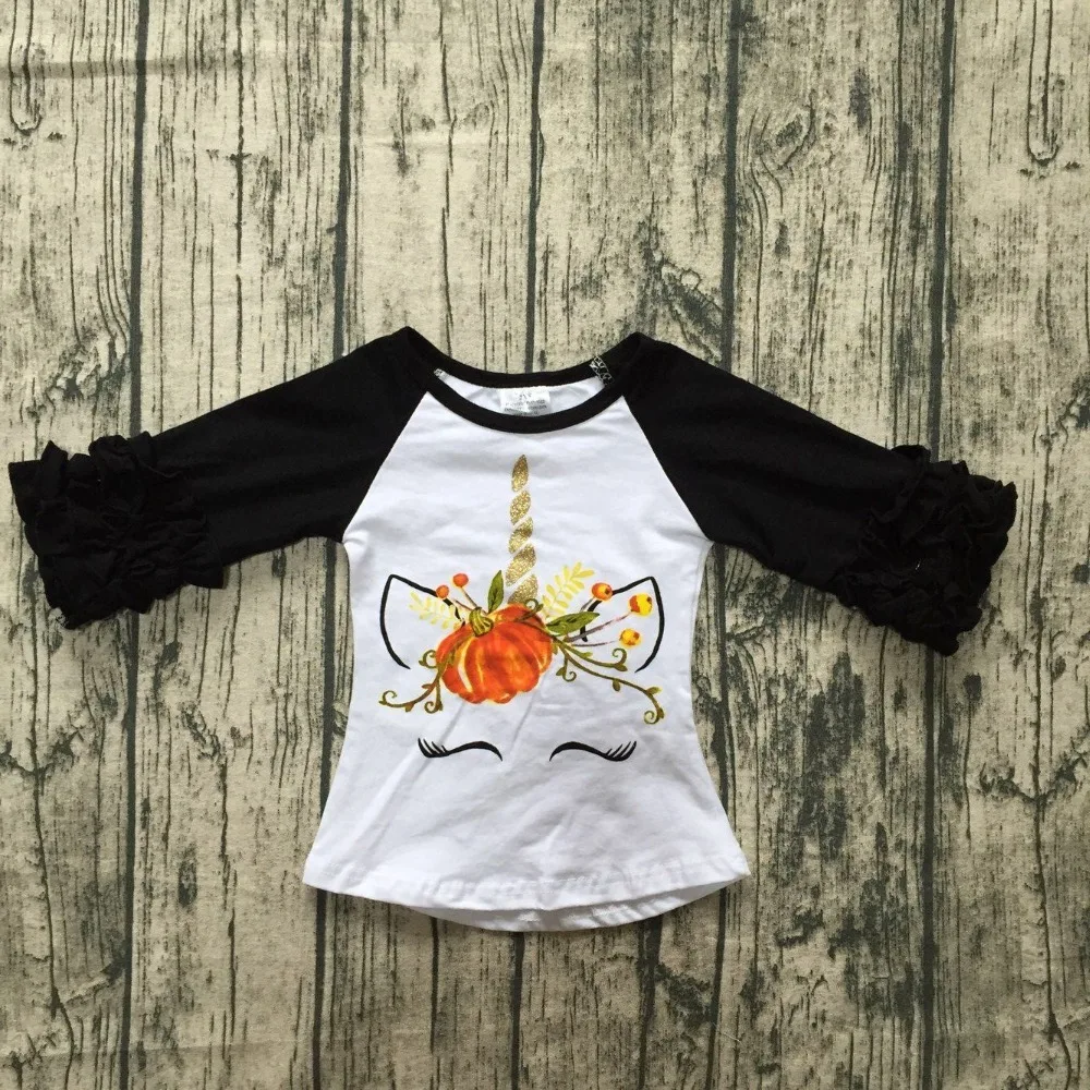 

new children Halloween raglans children girls pumpkin unicorn raglans baby girls black ruffle sleeve unicorn raglans top shirts
