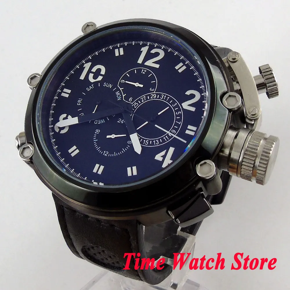 

50mm Parnis PVD Multifunction automatic watch men Date waterproof black dial leather strap 1199