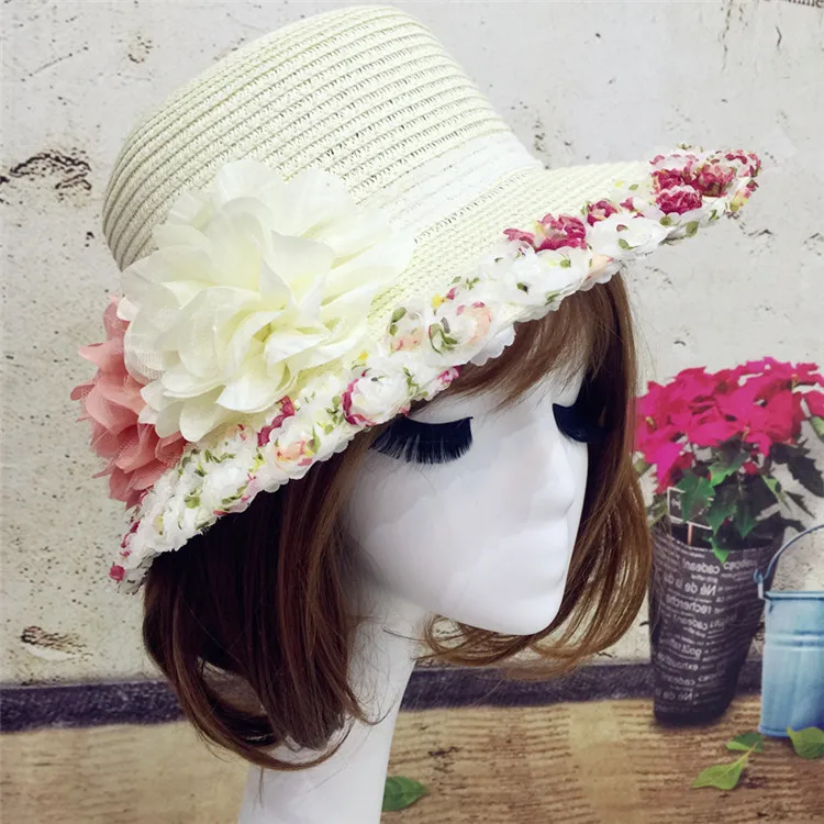 2018 Summer New Arrived Sweet Lady Lace Floral Straw Hat Outdoor Sunscreen Casual Beach Sun Hat ACA79 (2)