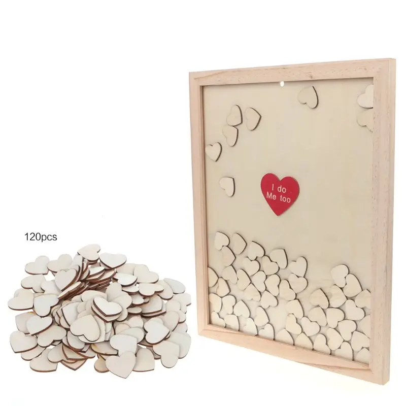 

Rustic Personalized Wedding Guest Book Photo Frame With 120pcs Heart Drop Top Box Table Decor