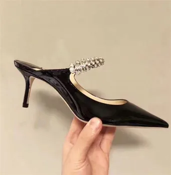 

Black Patent Leather Pink Pointed Toe Slip On Mules Slippers Crystal Embellished Ladies Party Dress Pumps High Heels Woman