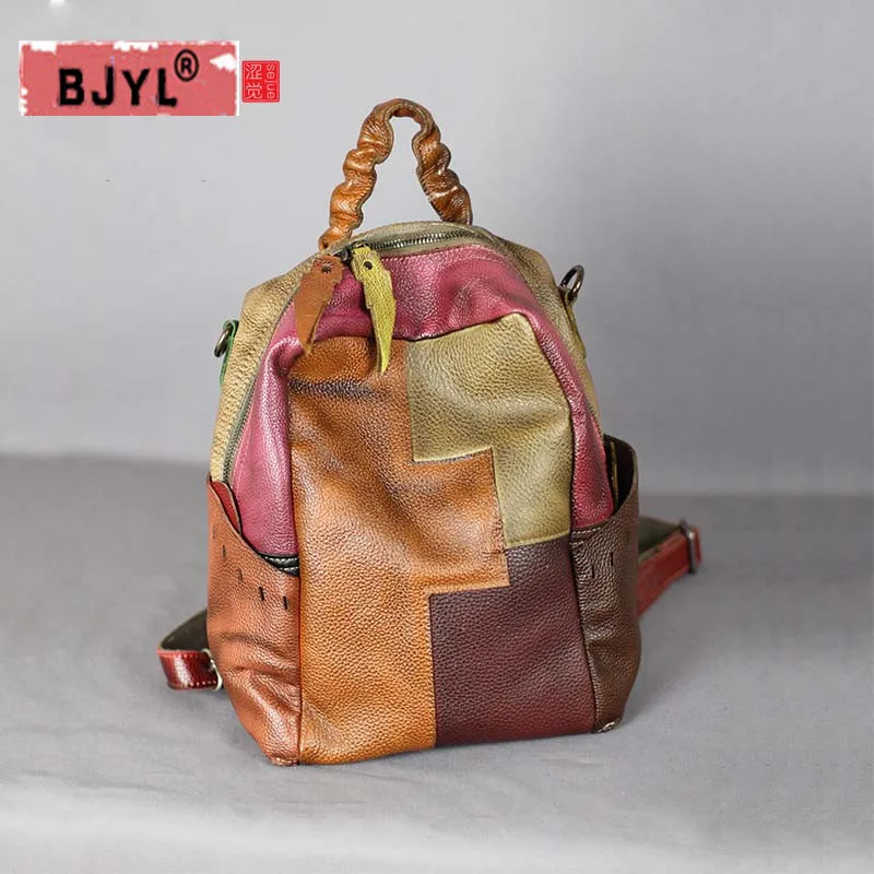 

BJYL Retro genuine leather Women backpack female shoulder bags large capacity leather hand-stitched first layer cowhide backpack
