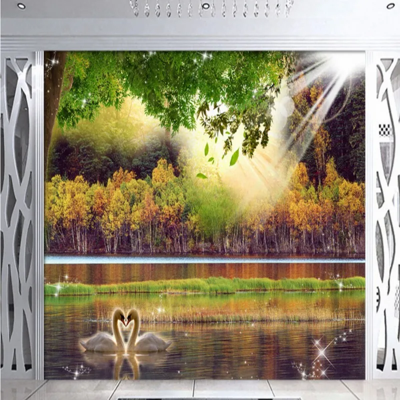Free Shipping Lake Forest sunshine 3D stereo background wall bedroom lobby hotel mural custom restaurant bathroom wallpaper |