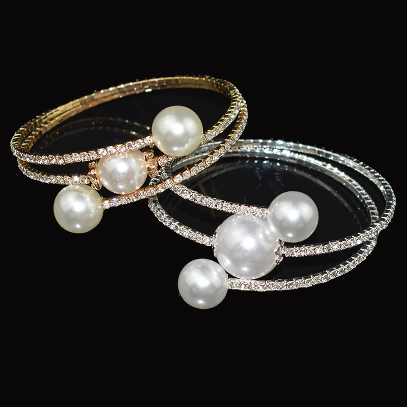 

New Crystal Opening Gold /Silver Bangles Imitation Pearl Bride Bracelet Elastic Crystal Pearl Bangles Pulseras Mujer Jewelry