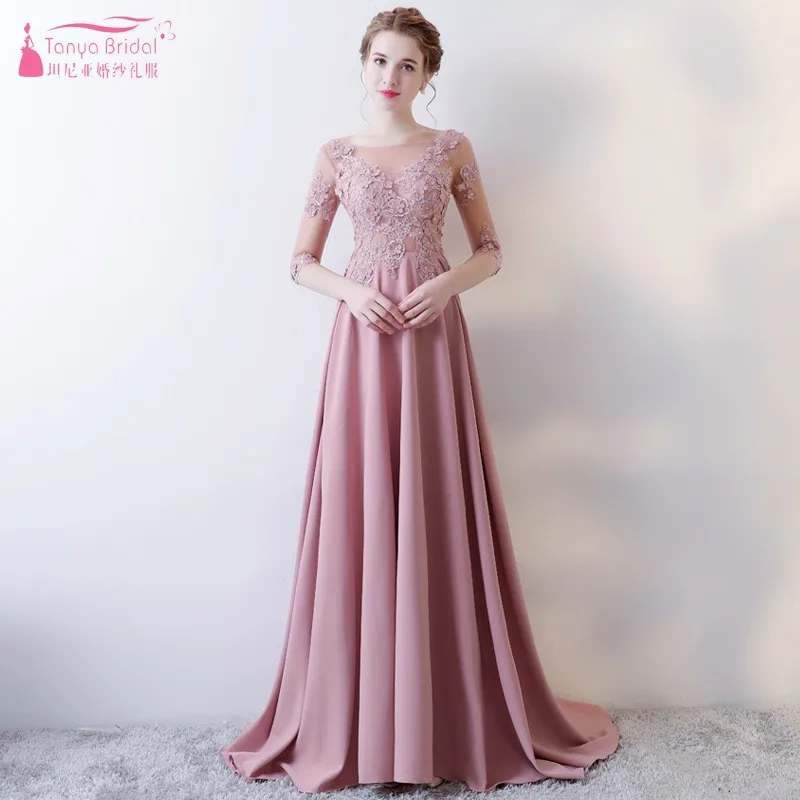 

A Line Long Pink Bridesmaid Dresses Lace Appliques Formal Wedding Party Dress vestidos dama de honor guest Dress JQ146