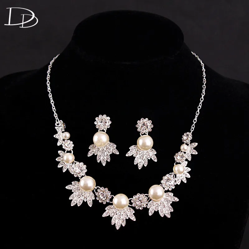 elegantes vestidos de novia de boda aretes collar de cristal conjuntos de joyería de perla simulada para las mujeres 585 del color del oro HD007|crystal necklace earrings set|earrings set