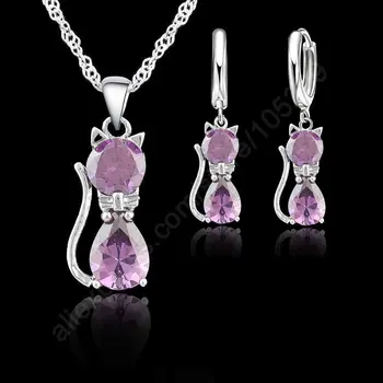 

Hot Fashion Silver CZ Jewelry Sets 925 Sterling Silver Cute Cat Shaped Necklace Hoop Earring Set For Women/girls Gifts