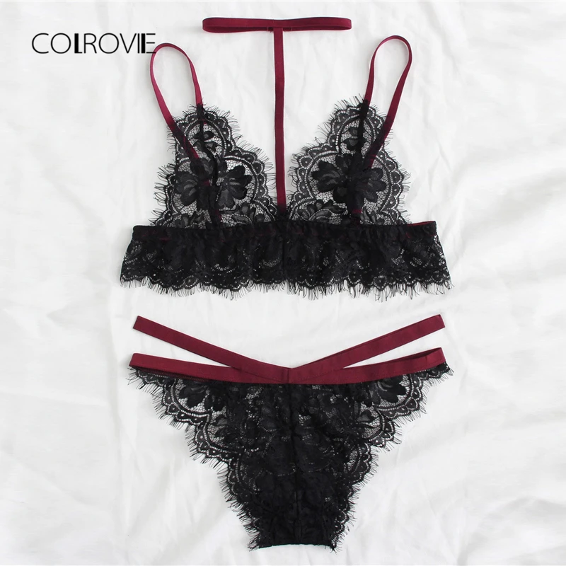 COLROVIE Detachable Halter Lace Lingerie Set 2018 Summer Adjustable Women Bra And Brief Sets Sexy Underwear Transparent Bra set