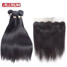 Allrun Peruvian Hair Products 4 Pc Straight Human Hair Bundles With 13*4 Lace Frontal Non Remy Hair Weft Hair Weave