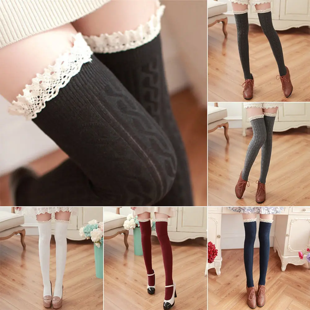 

Hot Girl's Cosplay Lace Top Ribbon Thigh-Highs Over Knee Lolita Socks 2019 Autumen Winter