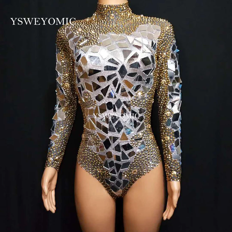 

High Quality Rhinestones Flashing Mirrors Bodysuit Women's Birthday Prom Celebrate Outfit DJ Women Dance Show Sexy Clothes