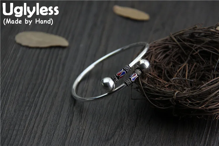 

Uglyless Real S925 Sterling Silver Women Vintage Balls Opening Bangles Enamel Ethnic Patterns Thin Bangle Handmade Glossy Bijoux