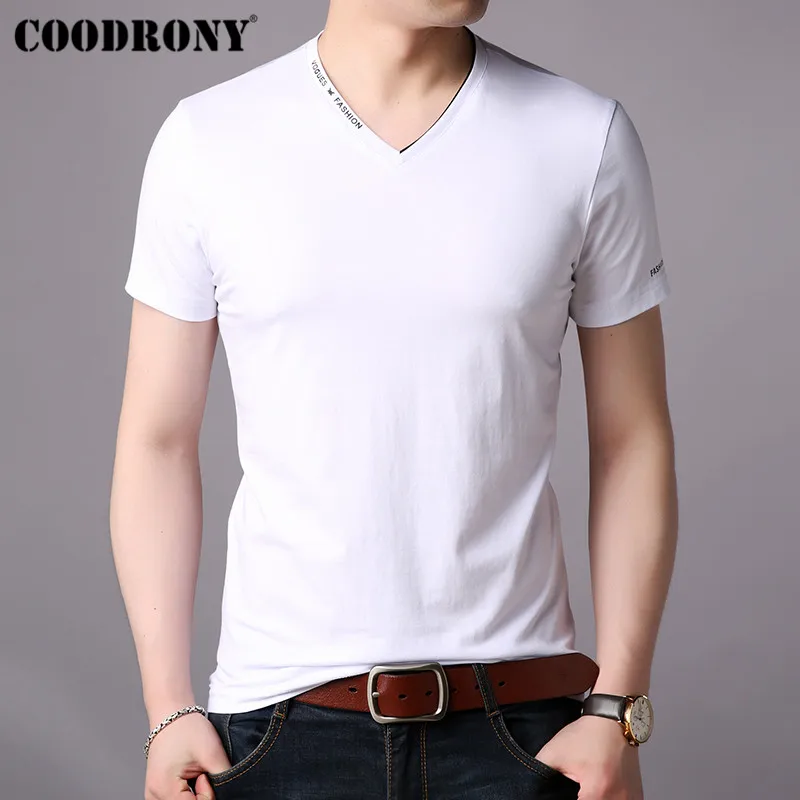 COODRONY футболка мужская с коротким рукавом Футболка мужская одежда летняя Уличная Повседневная мужская футболка с v-образным вырезом Футболка Homme S95022 - Цвет: Белый