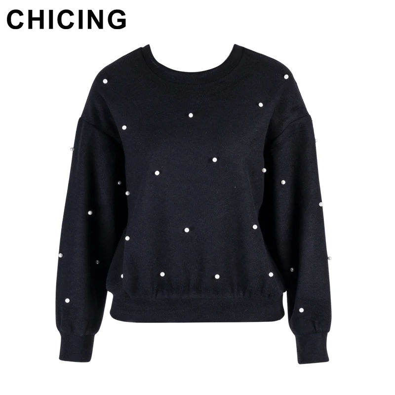 CHICING High Street Fall Winter Pearl Beading Oversized Tops Women 2018 Fashion O-Neck Long Sleeve Pullover Sweatshirt C1711002 Hoodies