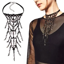 2016 Nuevo Collar de Cristal Con Incrustaciones de Perlas Borla Colgante de Collar de Declaración ZA Mujeres Boho Negro Velvet Rivet Gargantilla Collier Joyería