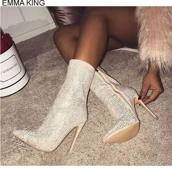 

EMMA KING 2018 Hot Sell Fashion Summer Sexy High Heels Woman Party Zipper Mid-Calf Hot Drill Thin Heels Model Pointed Toe Boots