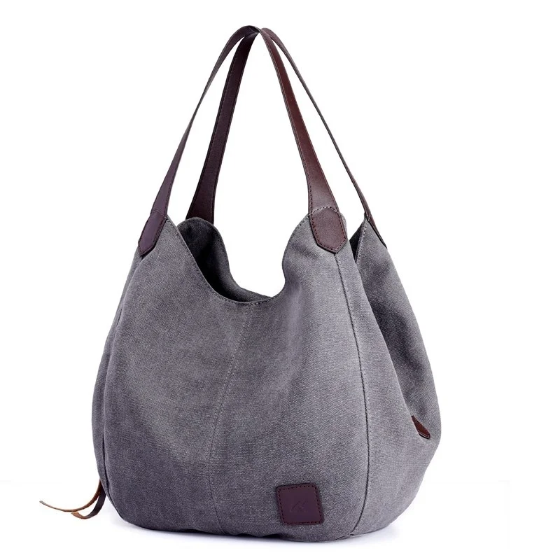 Женские холщовые сумки высокого качества, женские сумки Hobos на одно плечо, винтажные одноцветные сумки с несколькими карманами, женские сумки Bolsa feminina - Цвет: Gray