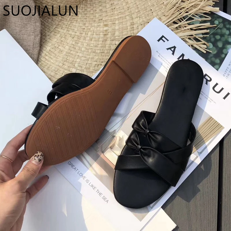 SUOJIALUN/2019 г. модные брендовые женские шлепанцы на плоской подошве без застежек
