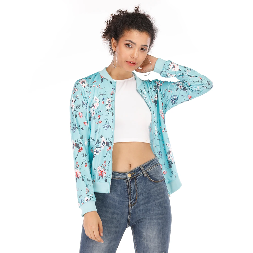 

Plus Size Women's Jacket Floral Print Zipper Female Coat Short Spring Bomber Jacket O-Neck Long Sleeve Women's Jackets 2019 5XL