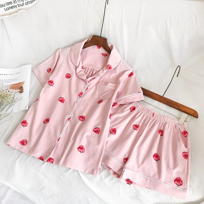 Розовая Клубничная летняя хлопковая Домашняя одежда женский пижамный комплект из 2 предметов Пижама Femme Пижама комплект ночное женское белье комплект