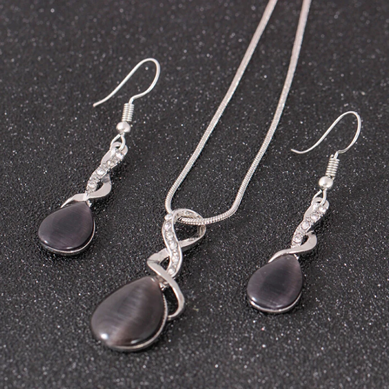 Opal Water Drop Necklace Pendant Earrings For Woman Fashion Crystal Statement Jewelry Sets Bridal Wedding Party Accessories Gift