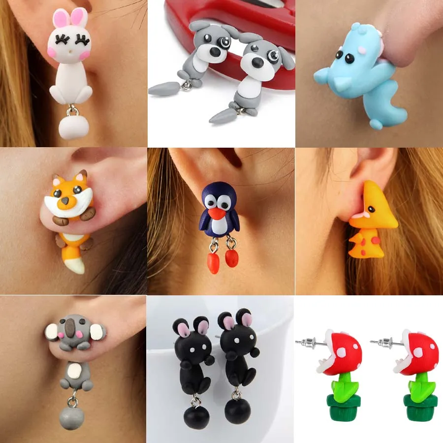

Cute 3D Cartoon Cat Dog Rabbit Lion Flower Fox Penguin Animals Stud Earrings Fimo Earrings for Women Children