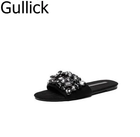 

Newest Style Women Solid Black Flock Leather Flat Slippers Summer Fashion Bling Bling Crystal Decoration Flat Casual Shoes