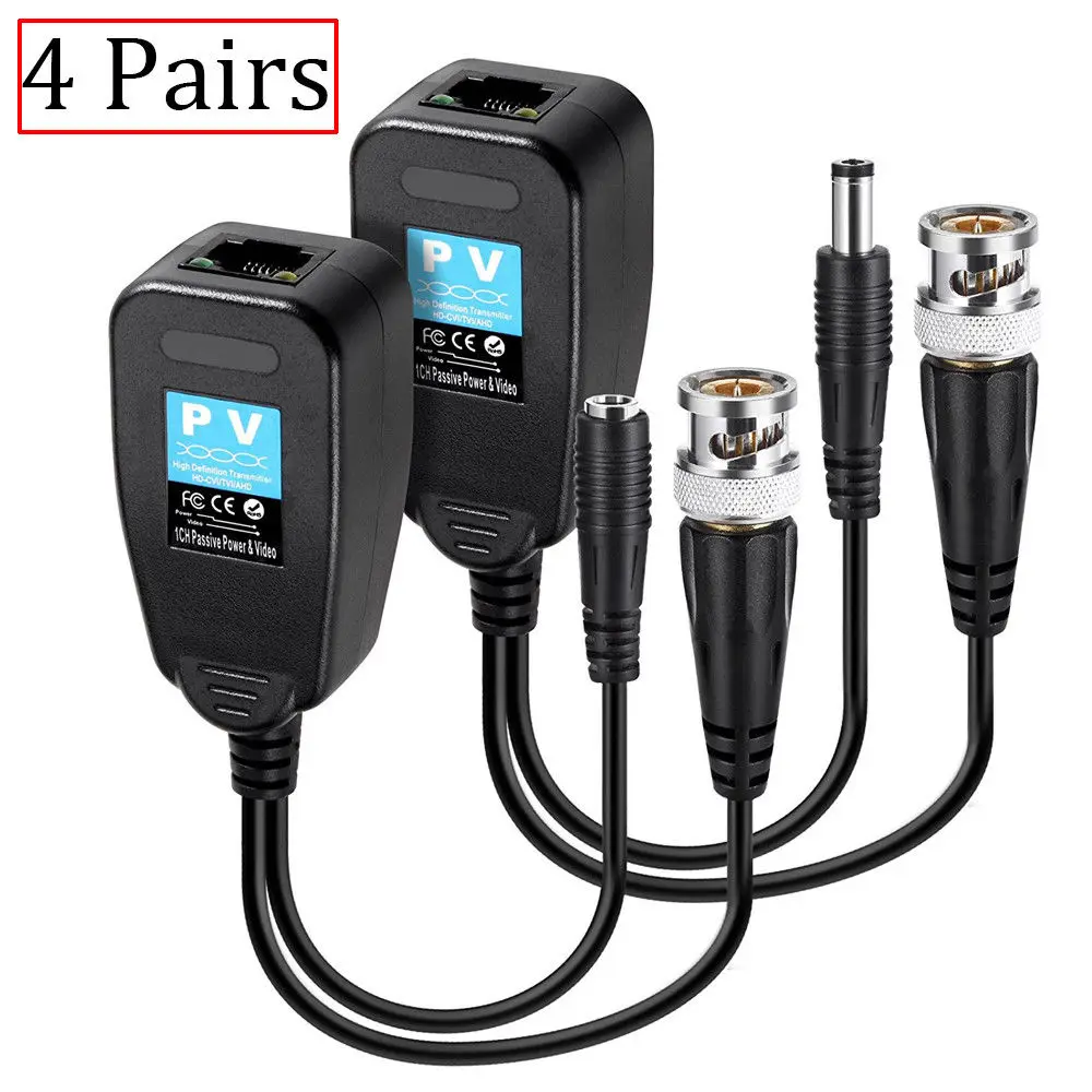 4 Pairs CCTV Coax BNC Video Power Balun Transceiver to CAT5e 6 RJ45
