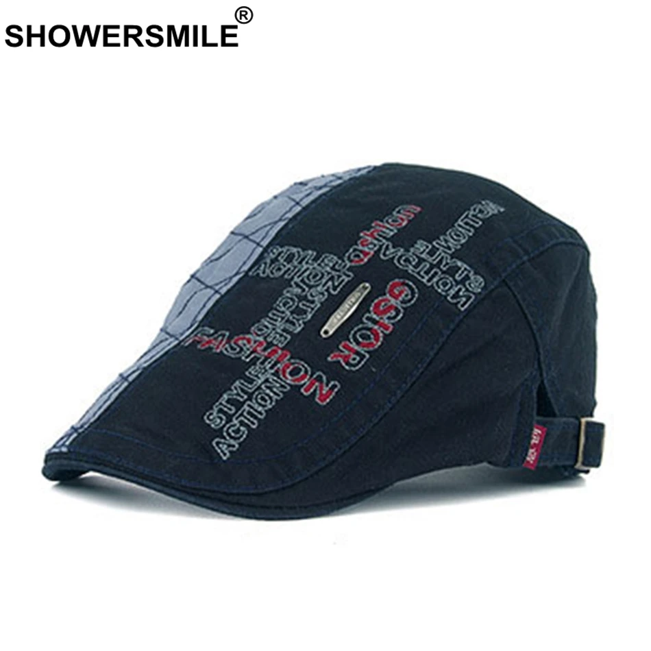 

SHOWERSMILE Men's Beret Cap Cotton Letter Print Flat Cap Male Navy Patchwork Plaid British Style Summer Duckbill Vintage Hats