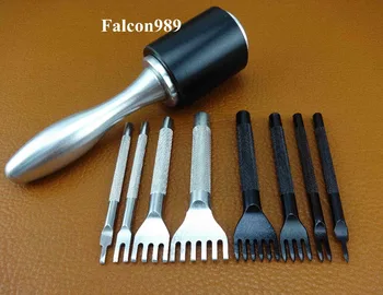 

9pc Leather Craft Stitching Sewing Hammer Pro Line Lacing Chisel Hole Punch Tool Set - Edger Creaser Groover Skiver Beveler Awl