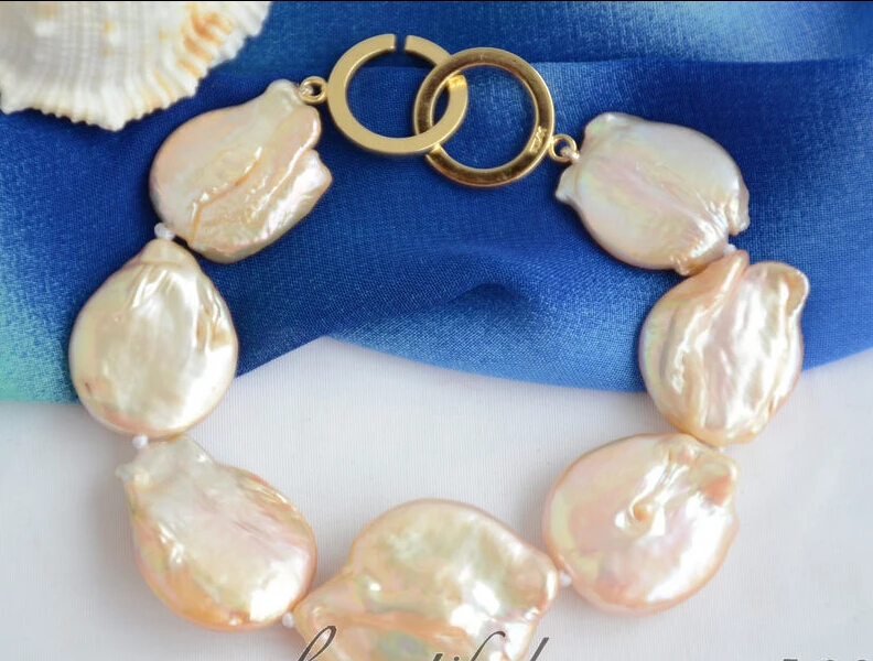 

fast shipping>8inch 22mm PINK BAROQUE COIN KESHI REBORN PEARL BRACELET (Z6567)