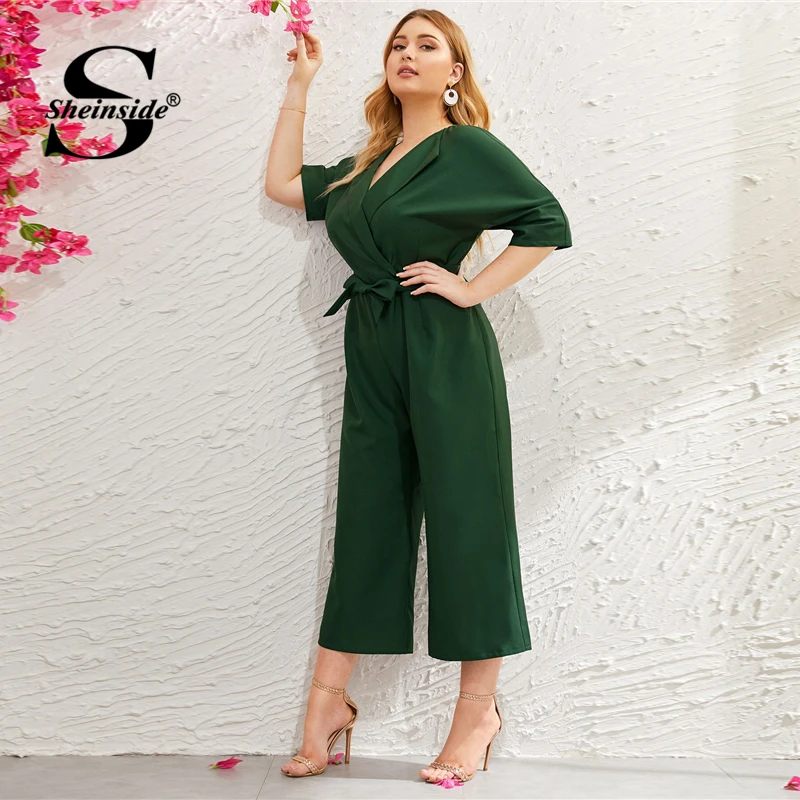 Sheinside Plus Size Green V Neck Wide Leg Jumpsuit Women Summer Zip Back Jumpsuits Office Ladies Solid Half Sleeve Jumpsuit