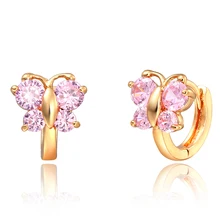 Cute Yellow Gold Color Butterfly Pink Crystals CZ Circle Huggies Small Hoop Earrings For Kids Children Girls Jewelry Aros Aretes