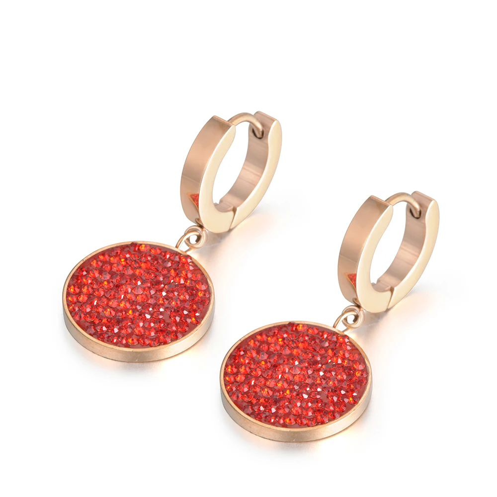 

JeeMango Black Red Rhinestone Simple Round Circle Earrings Titanium Steel Rose Gold Color Female Hoop Earrings Brincos E18018