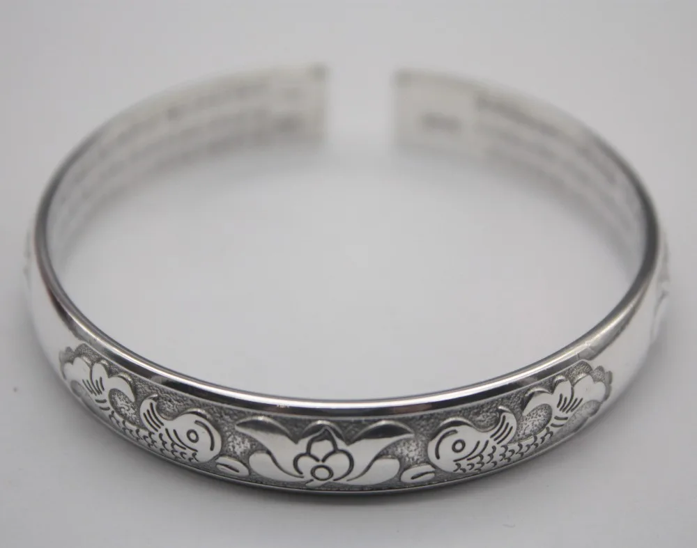 

Retro Real S925 Silver Bangle Woman Man's Sutra Luck Double Fish Open 55-60mm Fashion Friend Gift Hot Sale