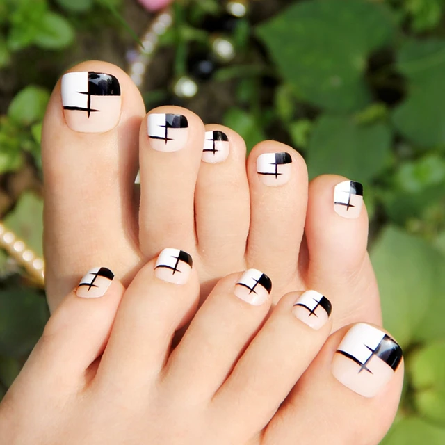 False Toe Nails Artificial Natural Color Ink Grid Simple False Toe Nails Artificial Natural Color Ink Grid Simple Design Black Ornament Fake Nail Art
