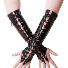 LK48 сексуальные длинные черные красные женские висящие перчатки из ПВХ, женские перчатки из искусственной кожи со шнуровкой, сексуальные костюмы для ночного клуба DS