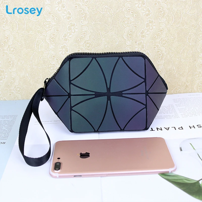 Fashion folding makeup organizers geometric rhombic colorful luminous waterproof bags small handbag female travel cosmetic bag