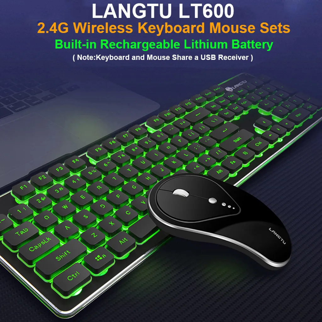 

2.4G Wireless Rechargeable LED Backlit Usb Ergonomic Gaming Colorful Keyboard Mouse Sets for Tablet Desktop Russian sticker