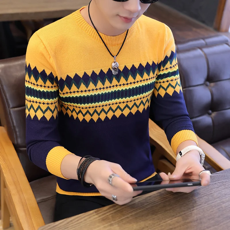 Модный мужской пуловер с круглым вырезом и длинным рукавом, Осенний брендовый свитер, вязаный пуловер, Мужская Осенняя повседневная одежда в полоску - Цвет: yellow